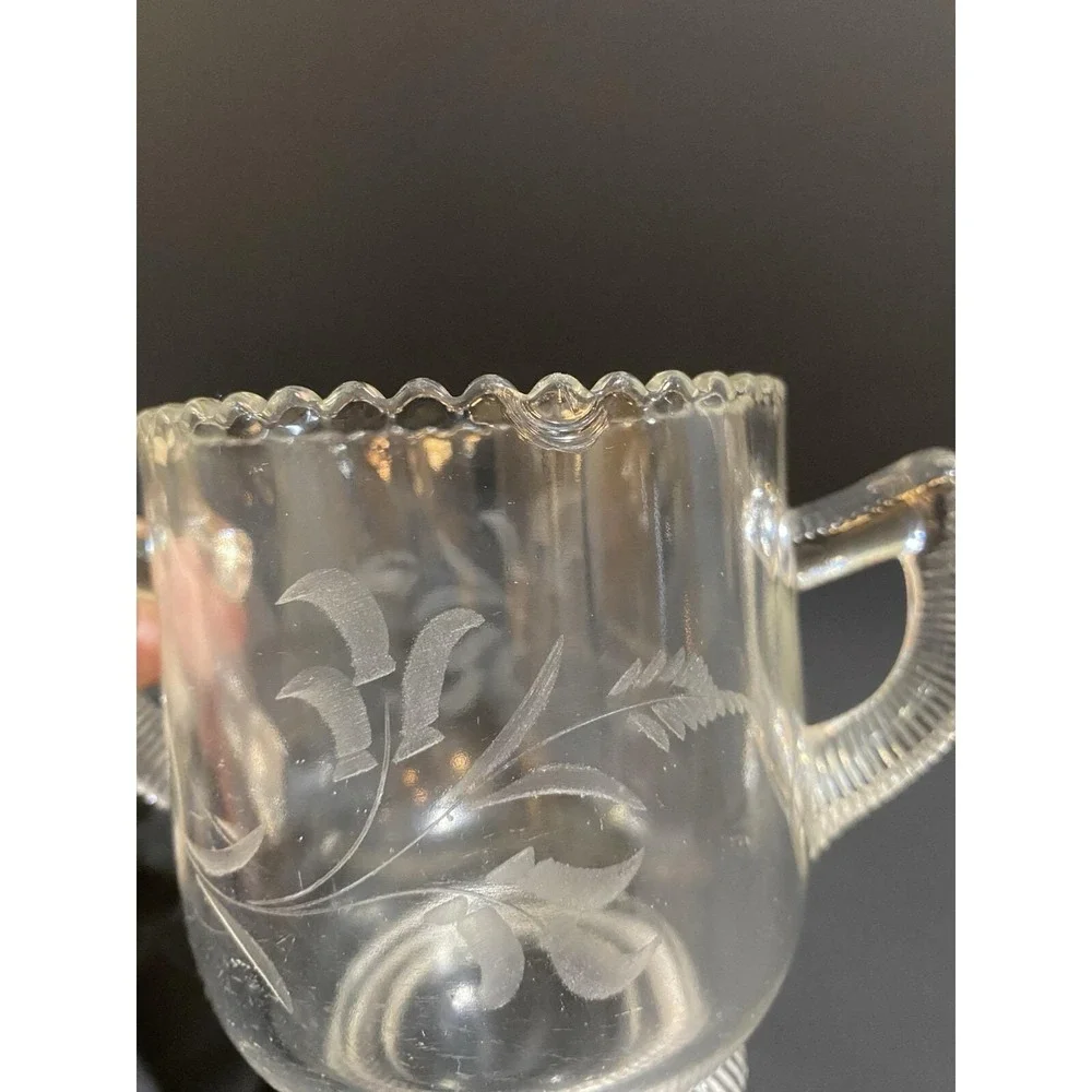 Vintage Greentown Clear‎ Pleat Band Pattern Two Handled Spooner Etched Leaf RARE